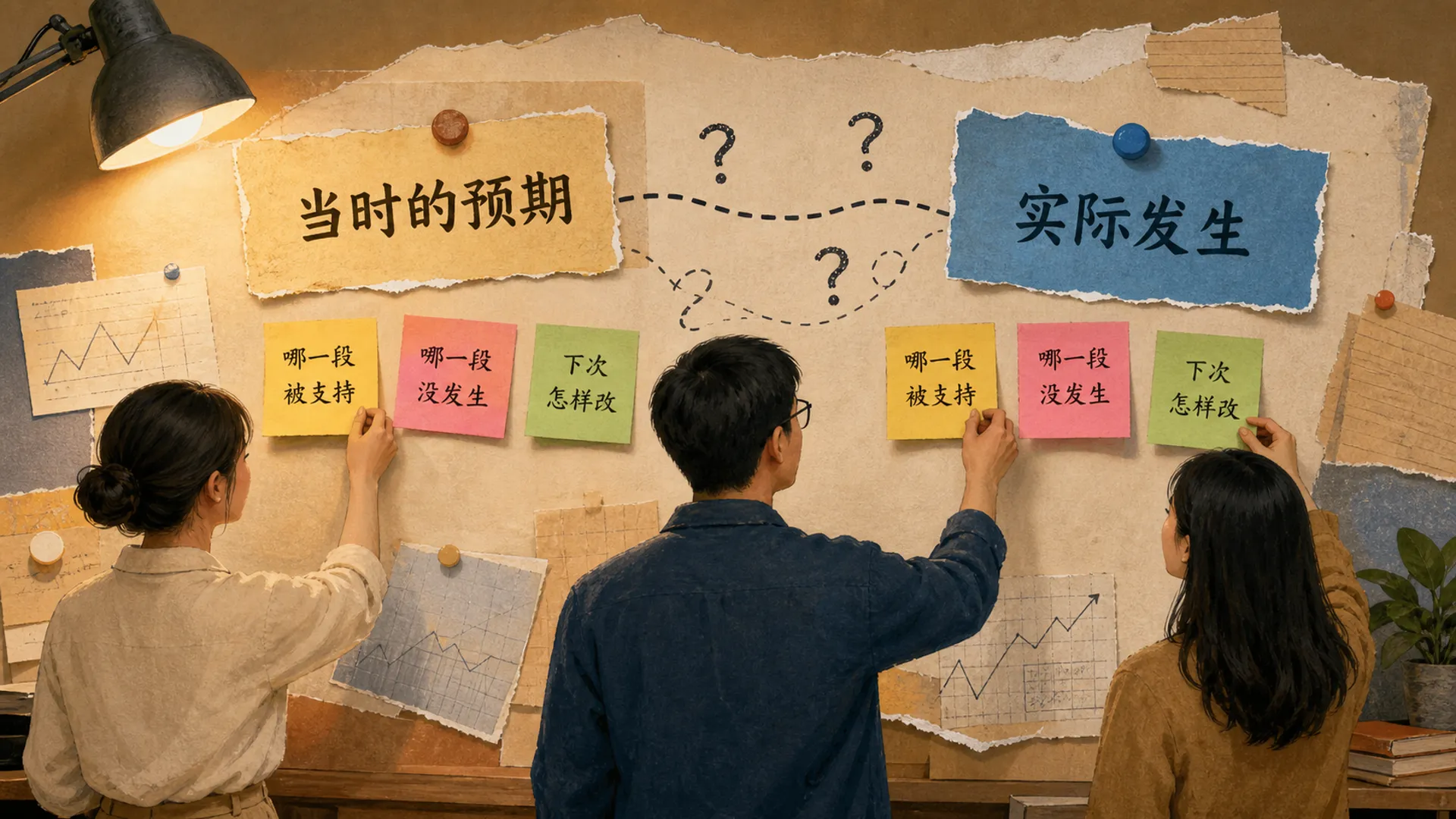 团队把事前预测与事后结果并排核对的复盘墙