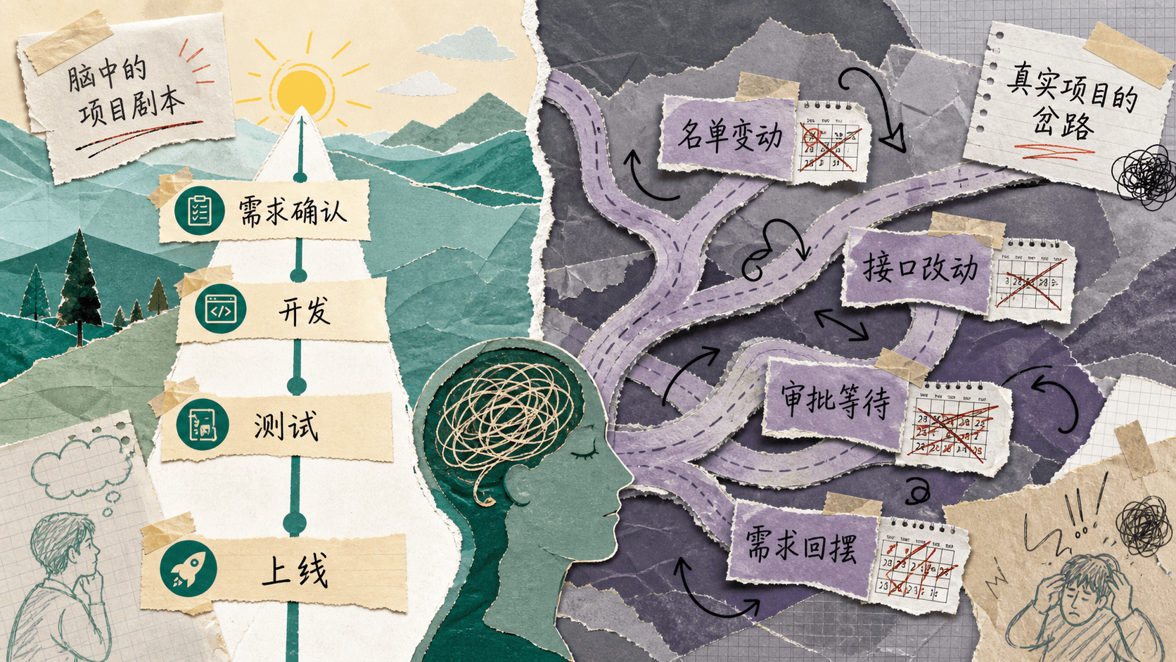 一条顺利排期与多条延期岔路的拼贴对照