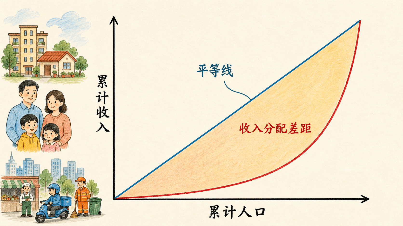 平等线与洛伦兹曲线之间的色块直观呈现累计人口和累计收入之间的分配差距