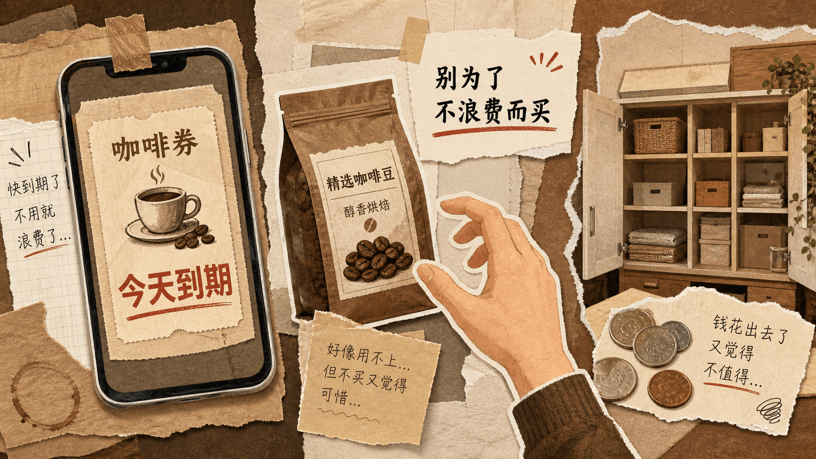 临期咖啡券引发购买冲动的拼贴场景