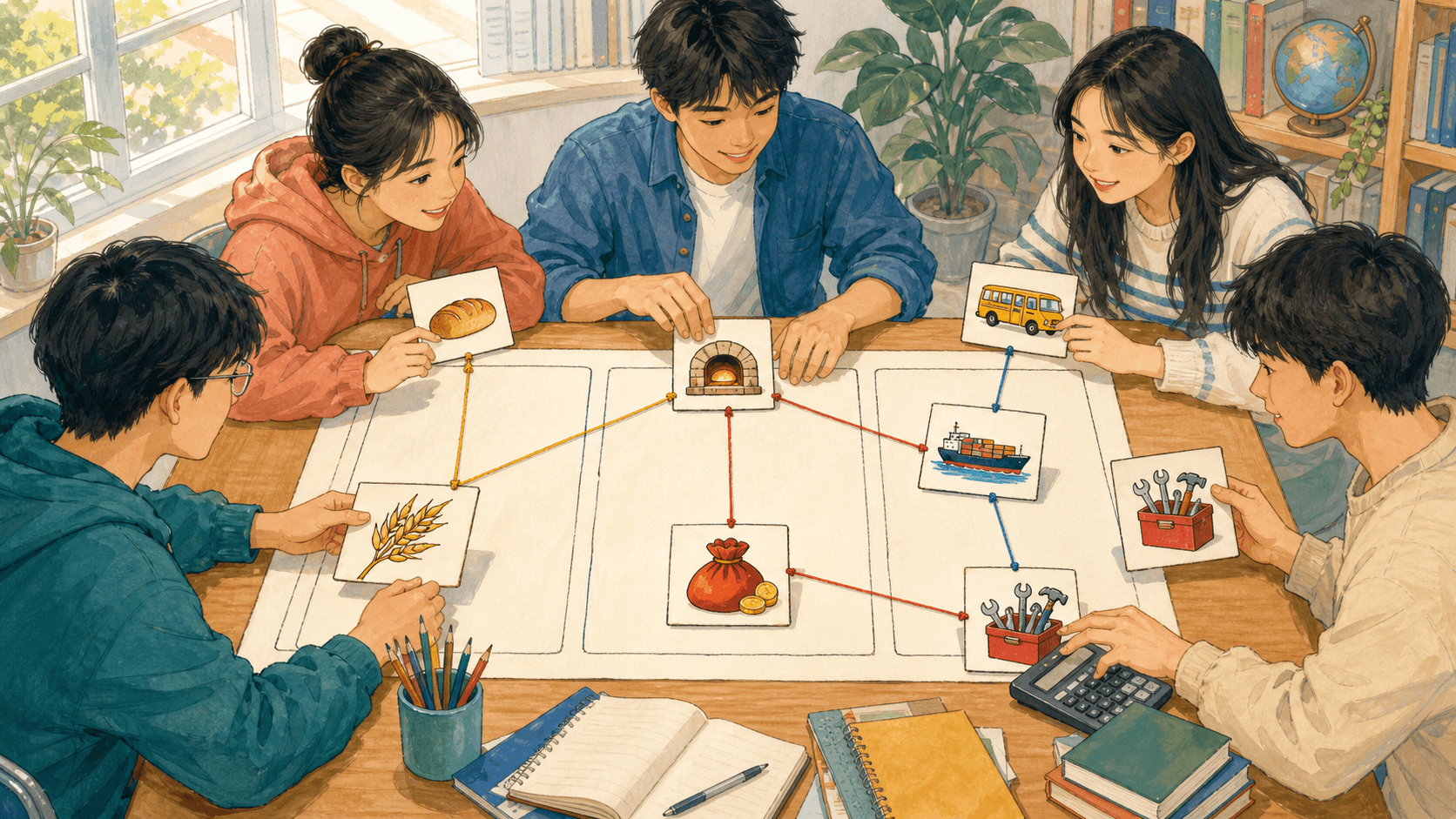 学生在海岚市国民账户实验桌前核对生产、收入和支出卡片