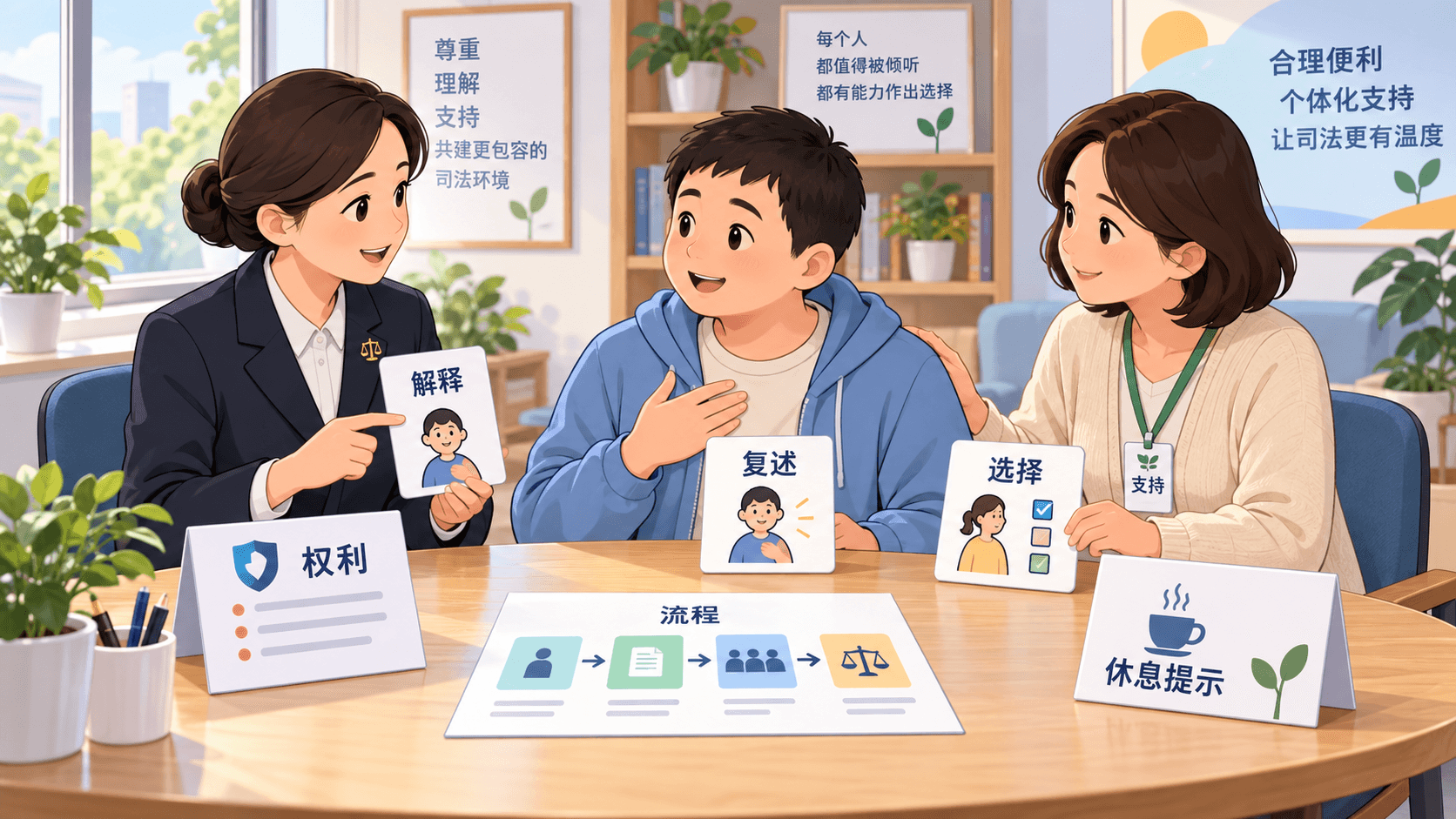 司法程序中的合理便利:律师与支持者通过易读权利卡、流程图和休息提示,支持当事人理解、复述并作出选择