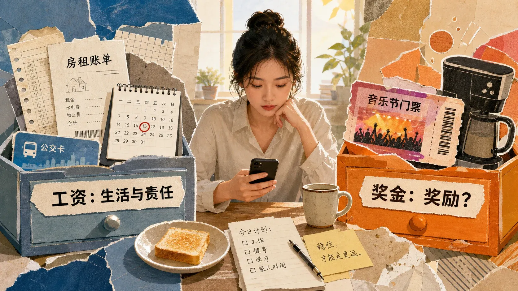 林遥面对工资与奖金两个心理抽屉的拼贴画面
