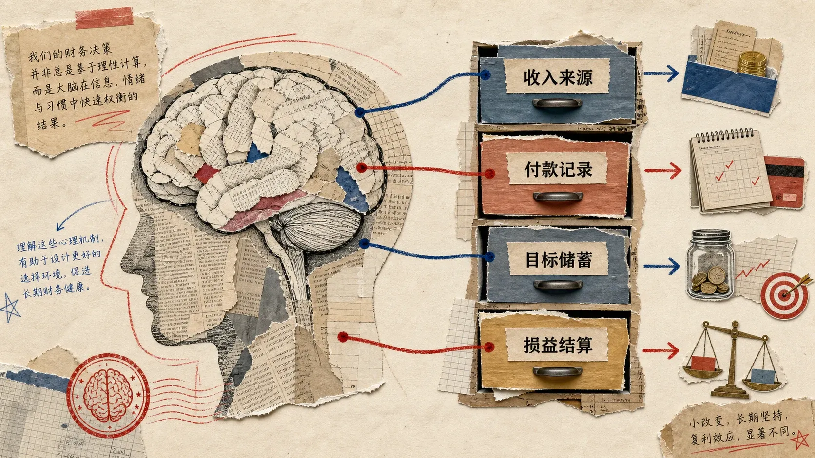 大脑与多种心理账户抽屉连接的概念拼贴图