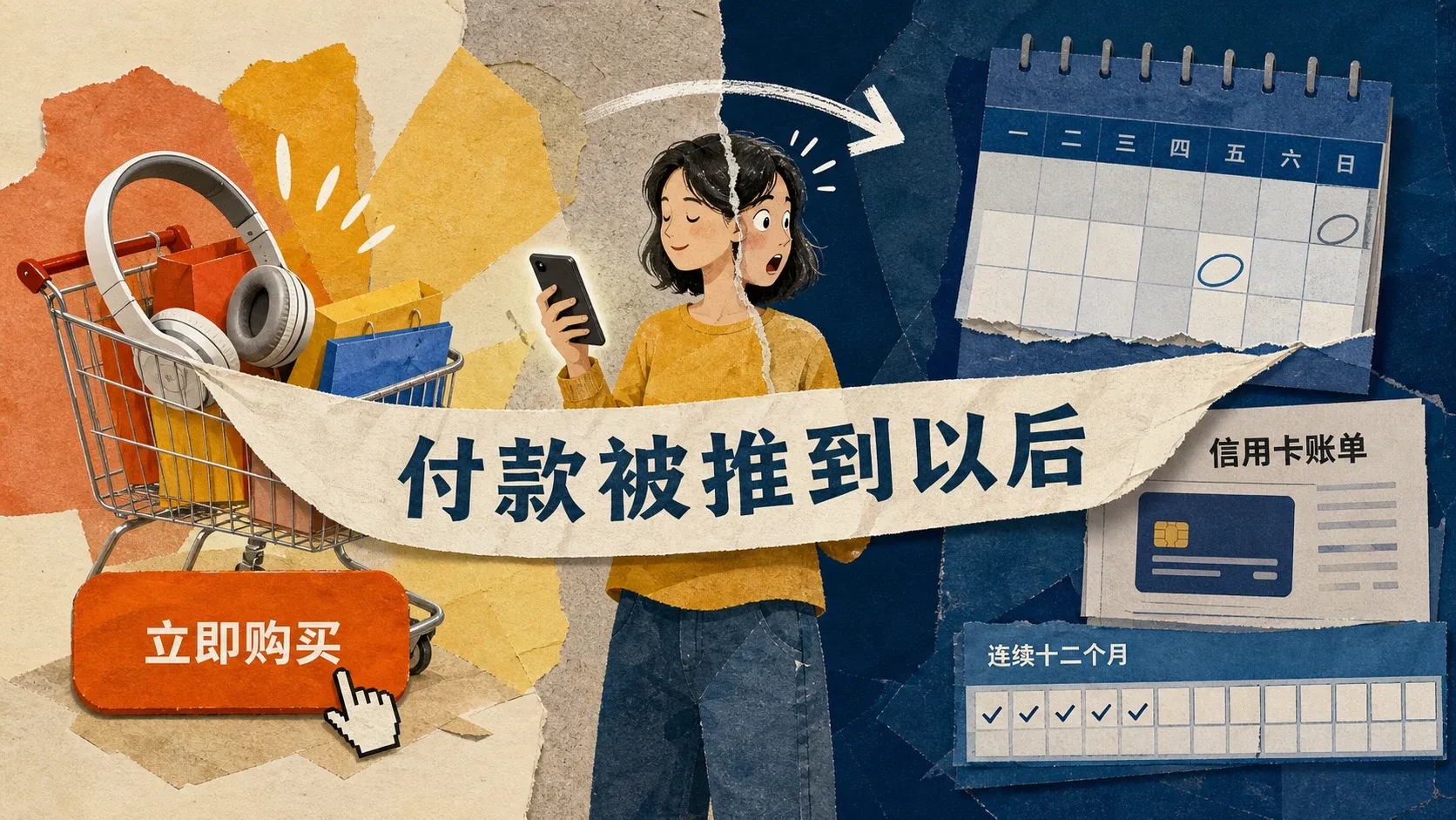 即时消费与延后付款距离被拉开的拼贴画面
