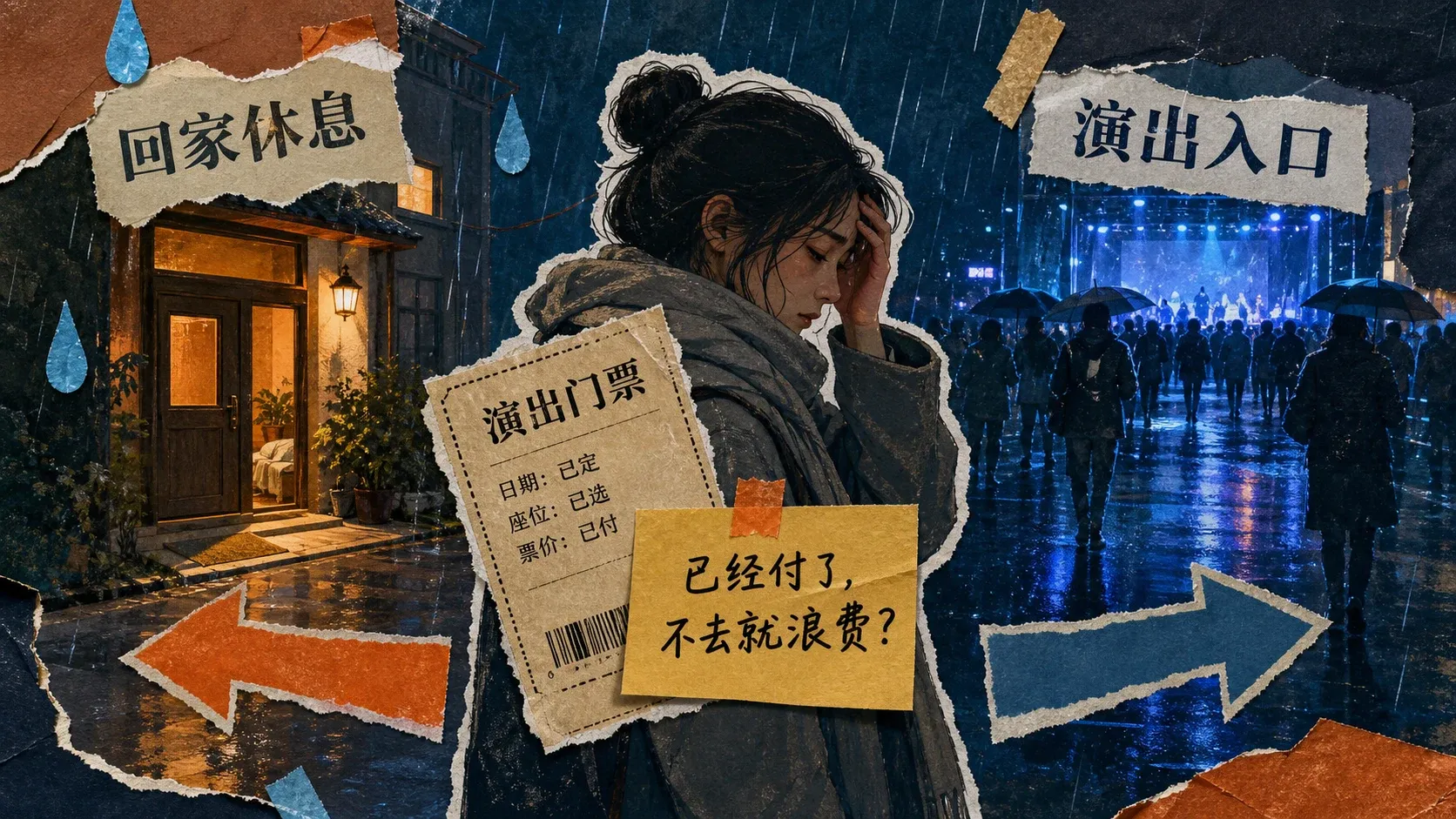 下雨天在演出门票与休息之间抉择的拼贴场景