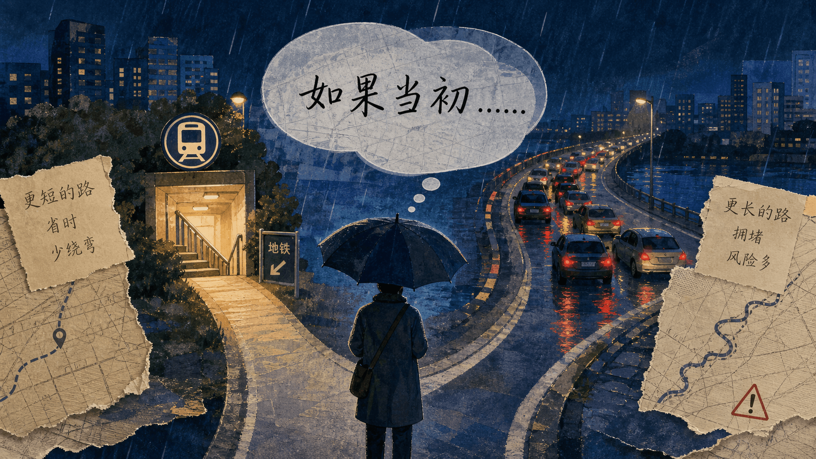 雨夜中的人物在真实路线和想象路线之间思考后悔与风险