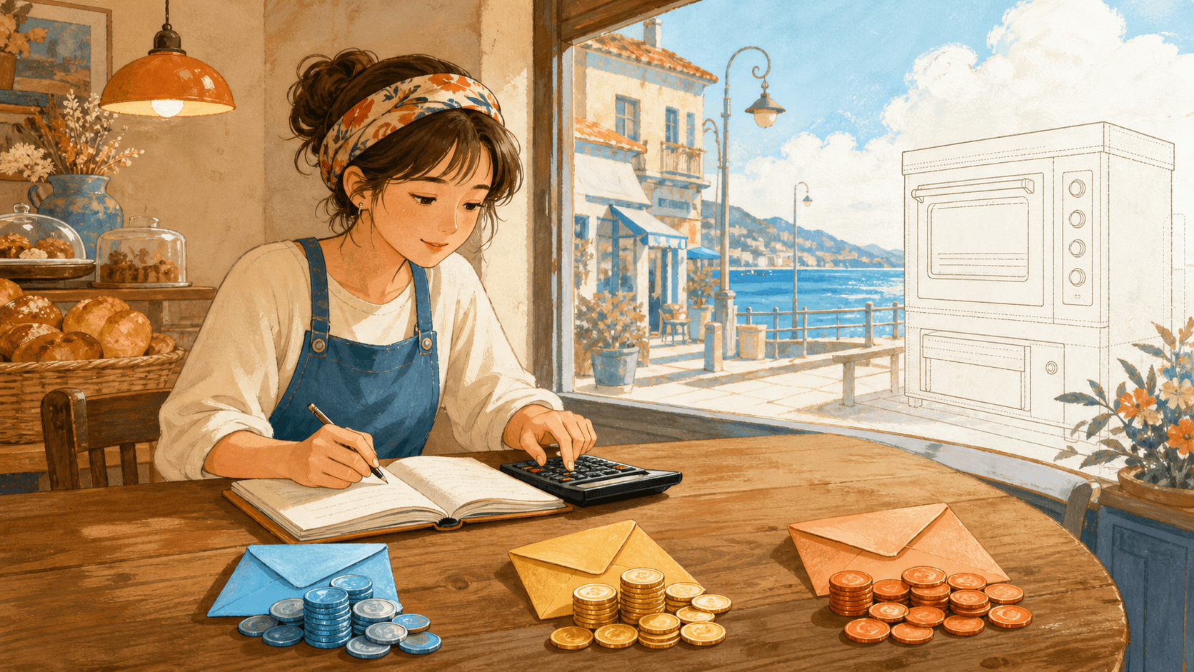 小周在烘焙店账本前把经营结余分为应急金、留存利润和家庭支出,旁边是一台待购烤箱。