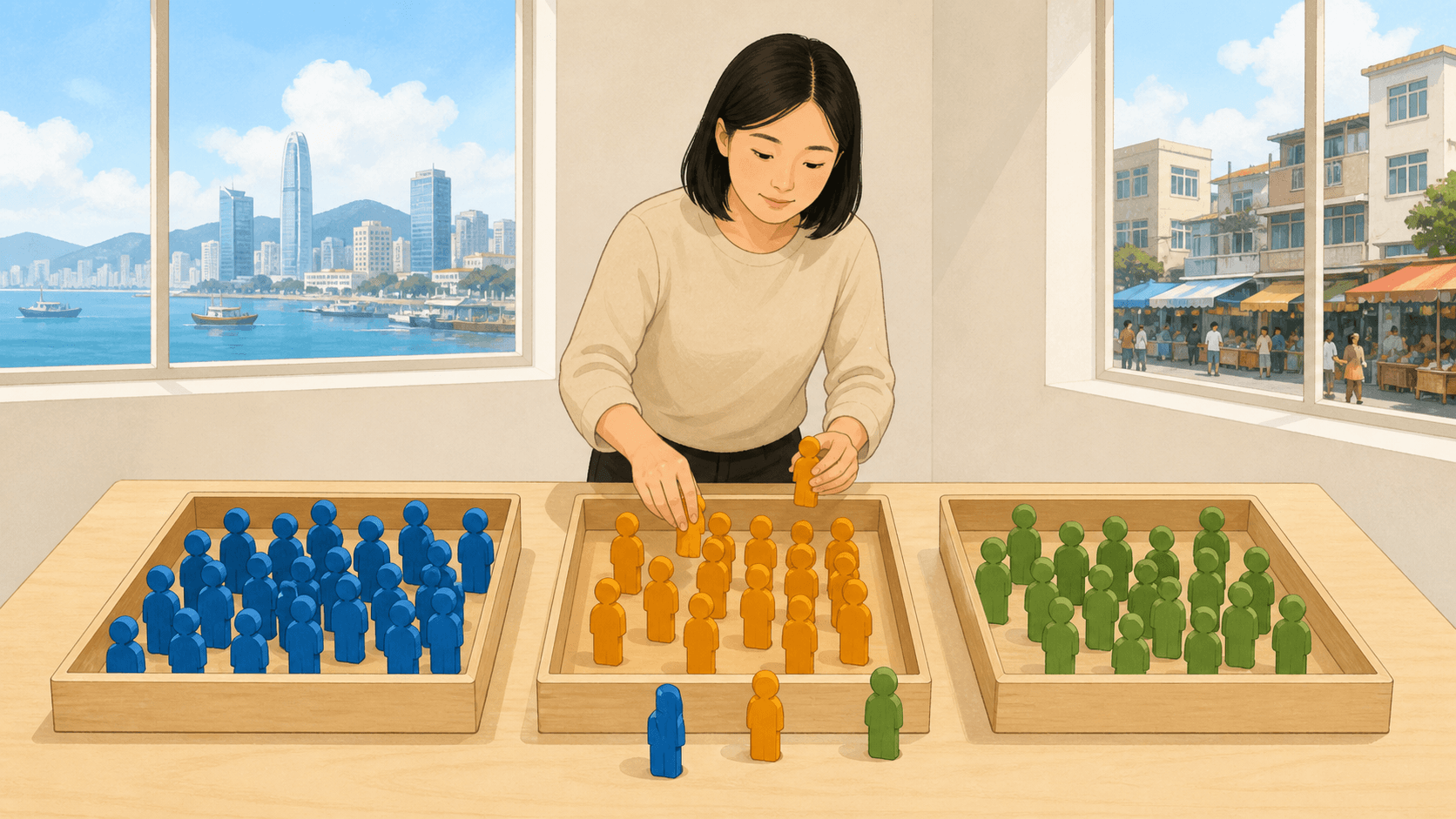 社区调查员以不同颜色的人群卡片展示就业、求职和暂未求职的流动