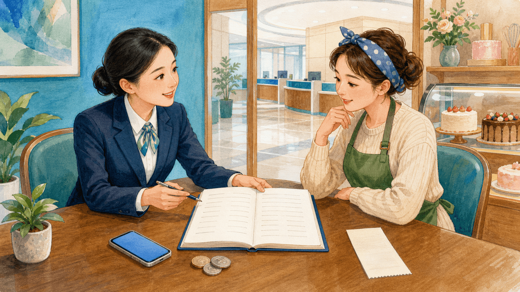 云桥银行员工向小周讲解存款与贷款在账本两侧的关系