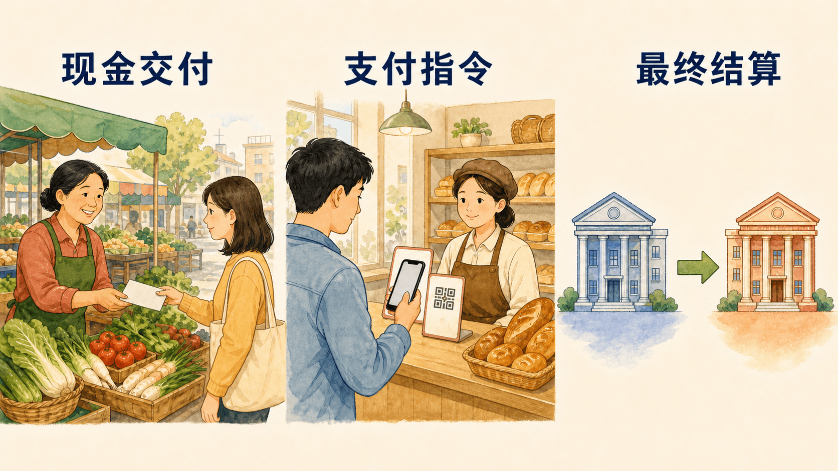 海岚市清晨的三种支付状态:菜场现金交付、烘焙店支付指令与银行间最终结算