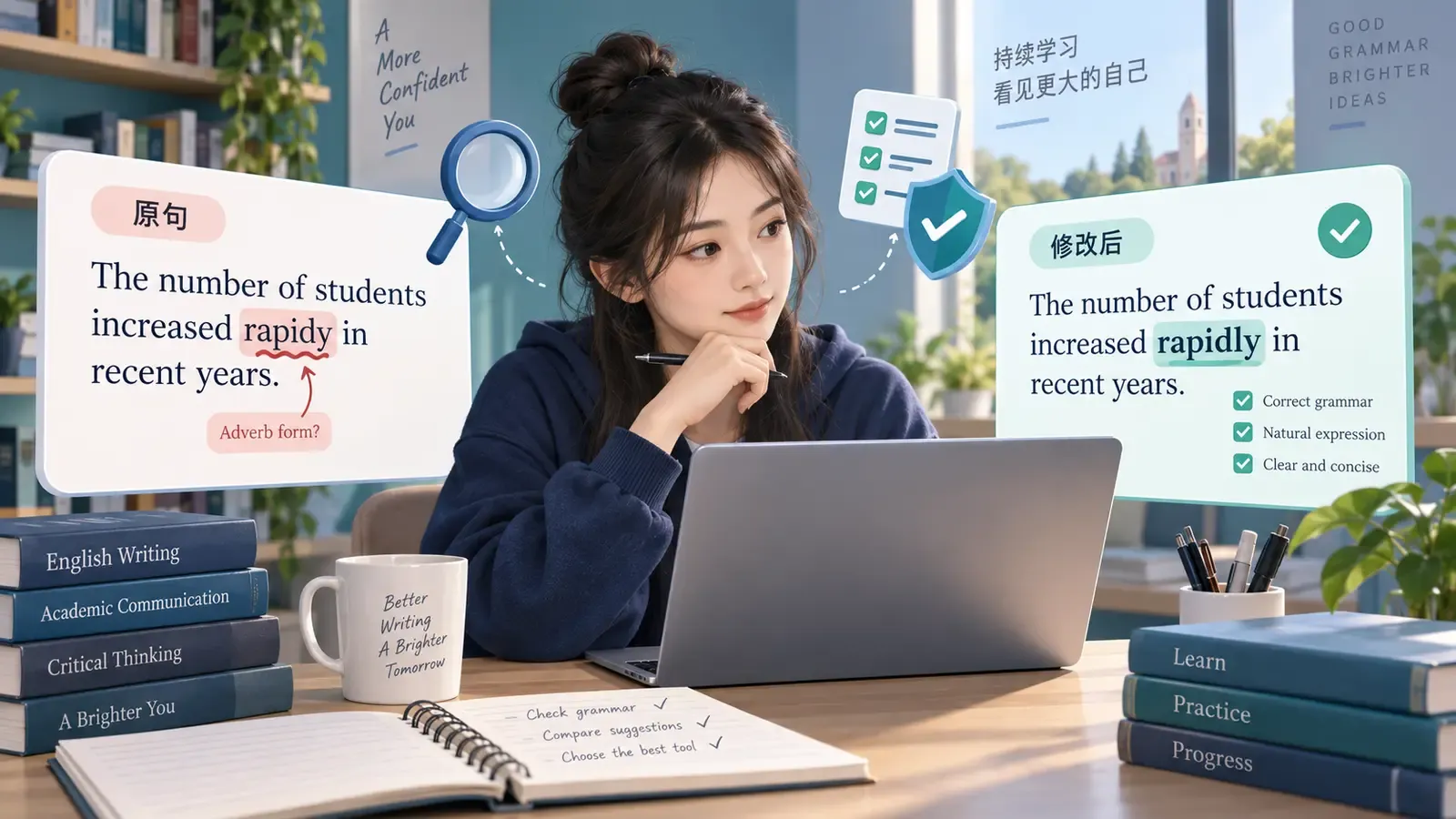 学习者对照英语原句和修改建议,逐项核验语法与表达