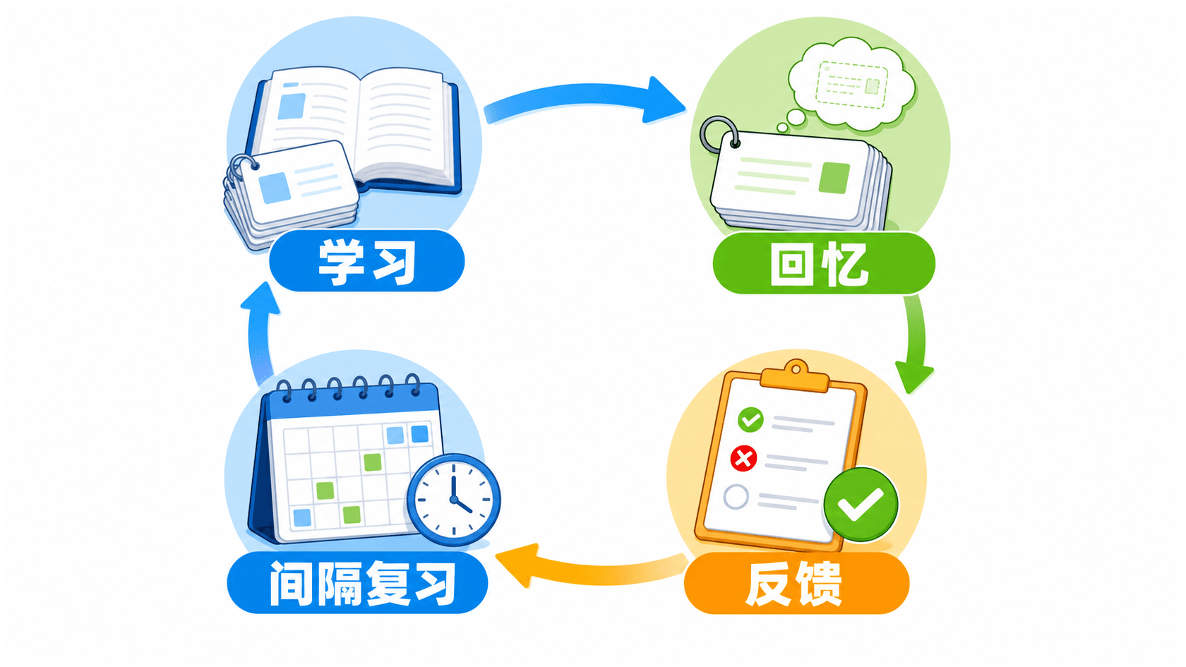 学习、回忆、反馈与间隔复习构成循环的彩色信息图