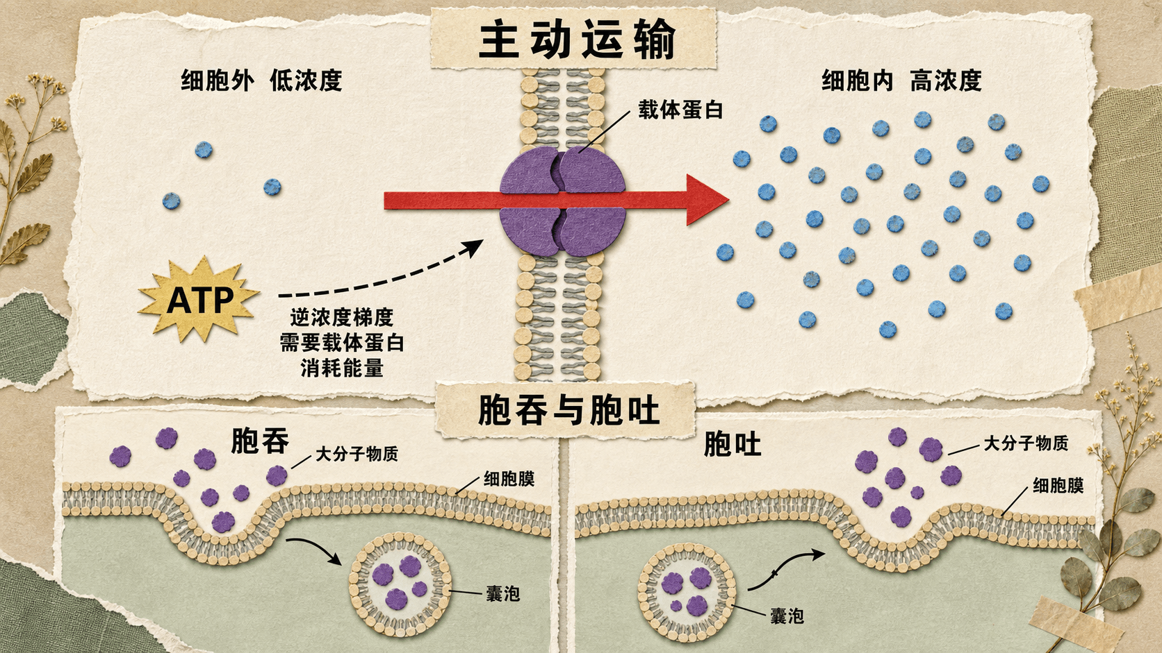 主动运输需要载体蛋白和能量,并与胞吞、胞吐一起展示细胞膜通过形变和囊泡运输大分子物质