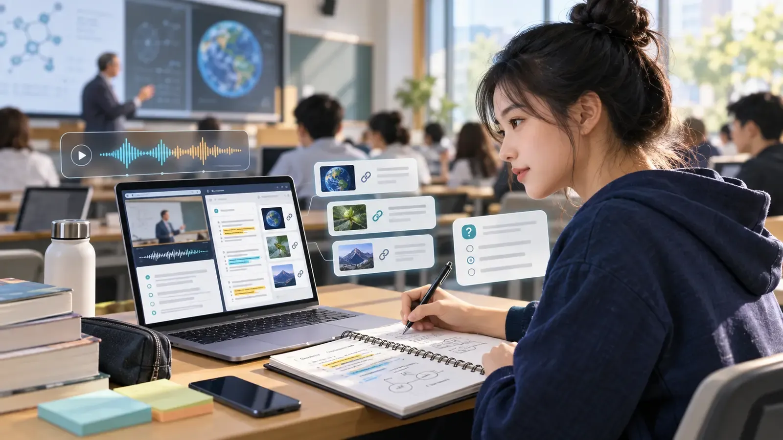 学生一边听课一边用电脑和纸笔核验并整理AI课堂笔记