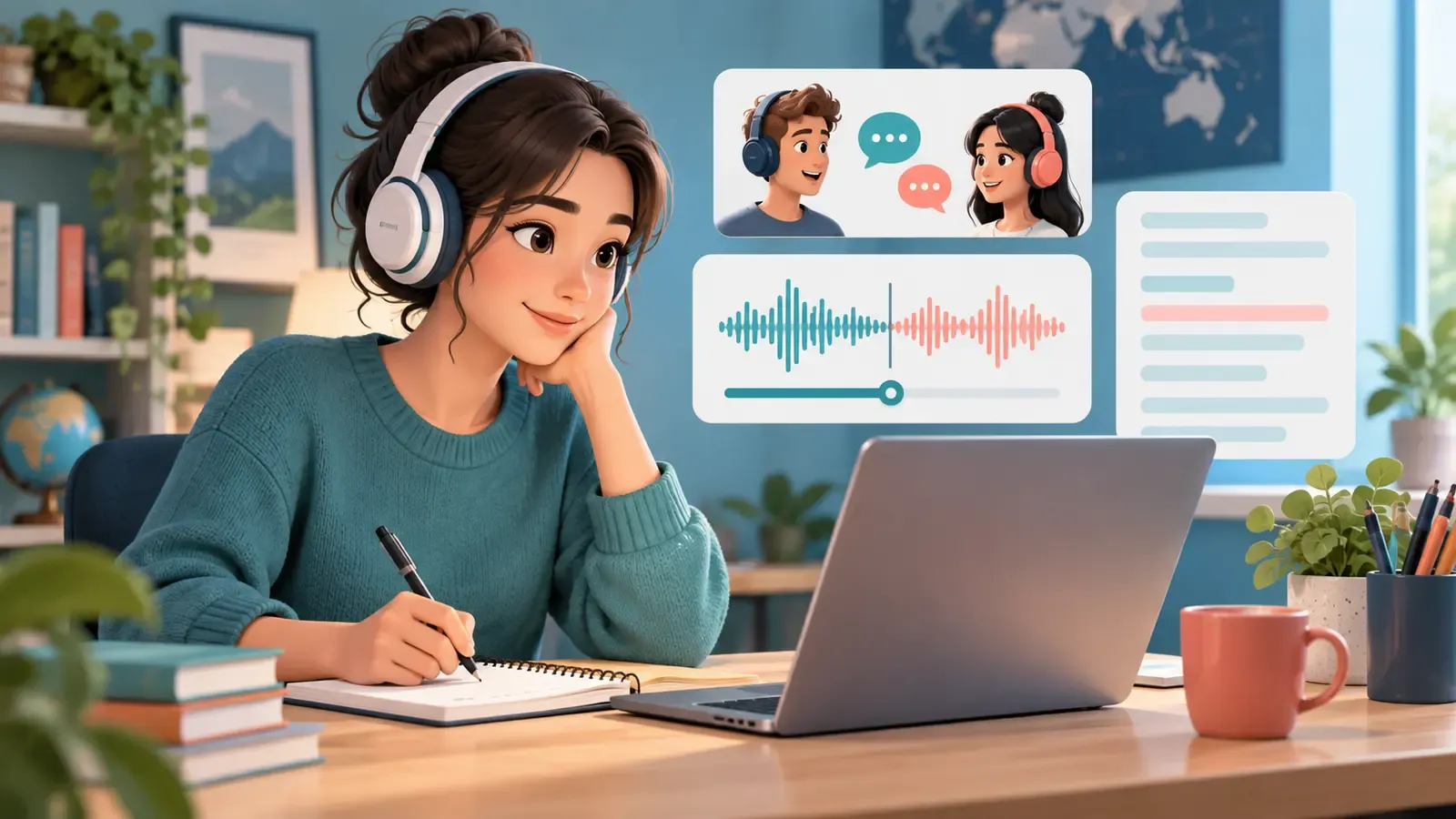 学习者使用耳机、音频波形和逐字稿进行AI英语听力训练