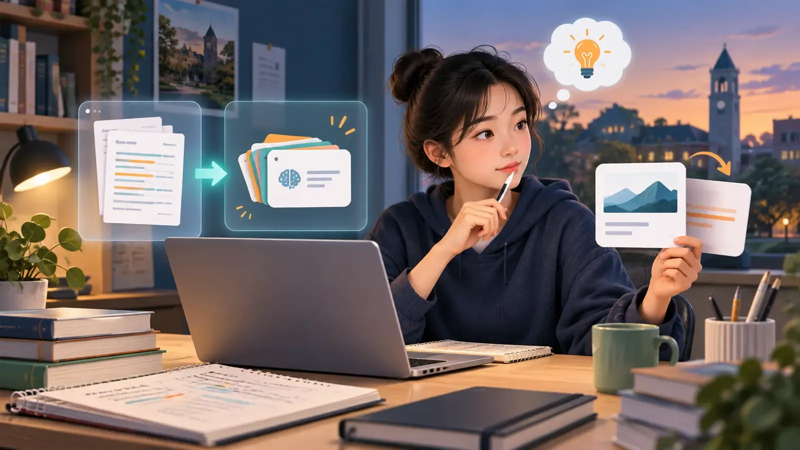学生使用AI闪卡生成器后先回忆答案再翻卡核对