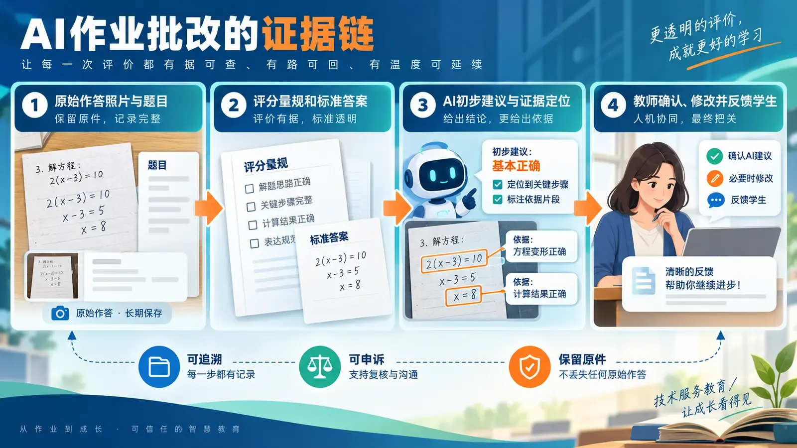 从原始作答、评分量规、AI建议到教师确认的批改证据链