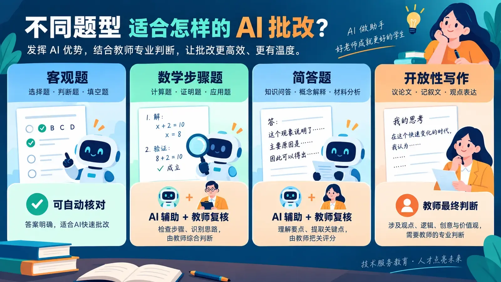 客观题、数学步骤题、简答题和开放性写作的AI批改适用范围
