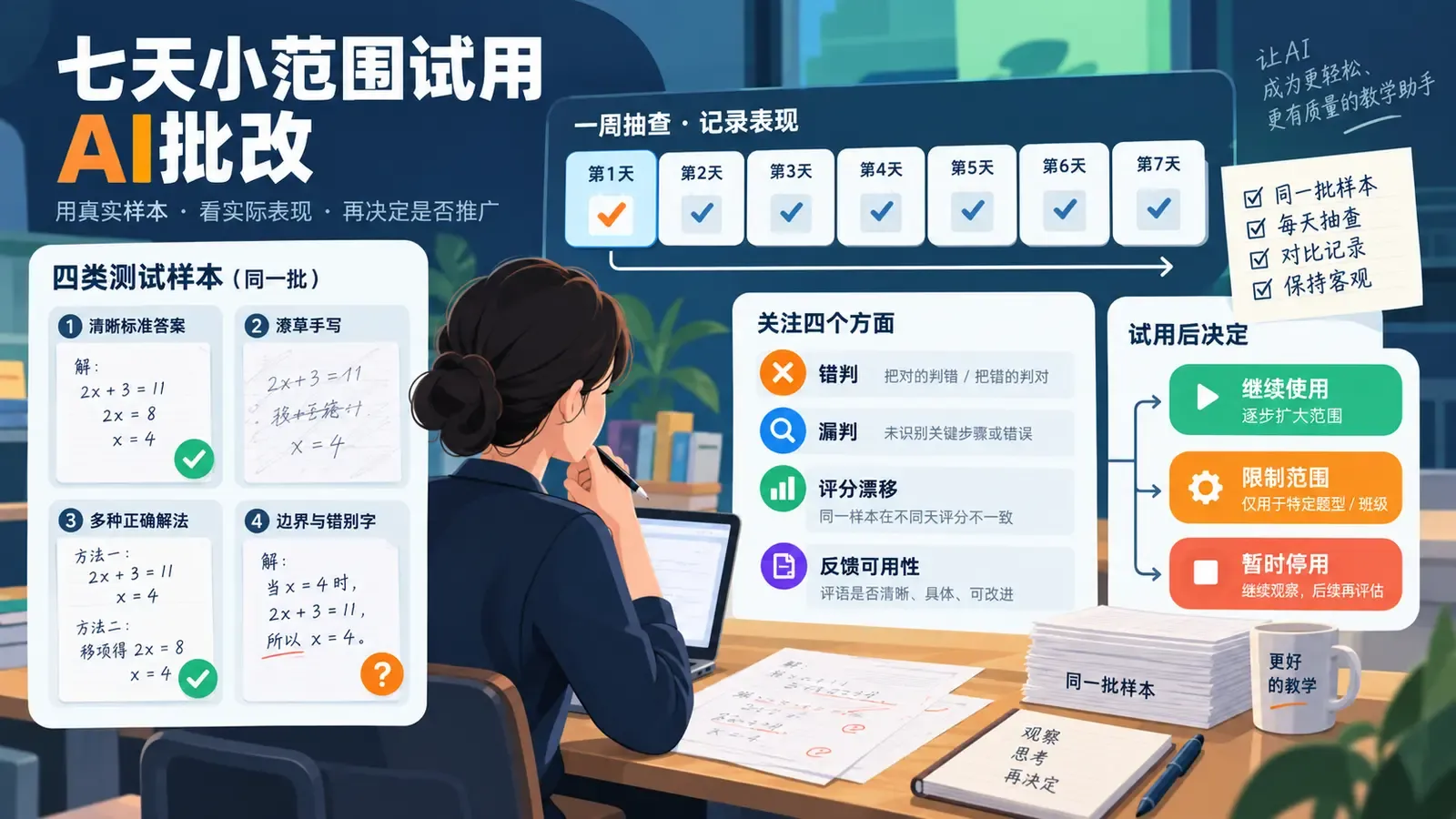 用四类样本连续七天测试AI批改稳定性的流程