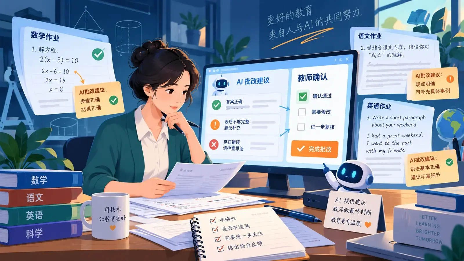 教师审核AI对数学、语文和英语作业的初步批改建议