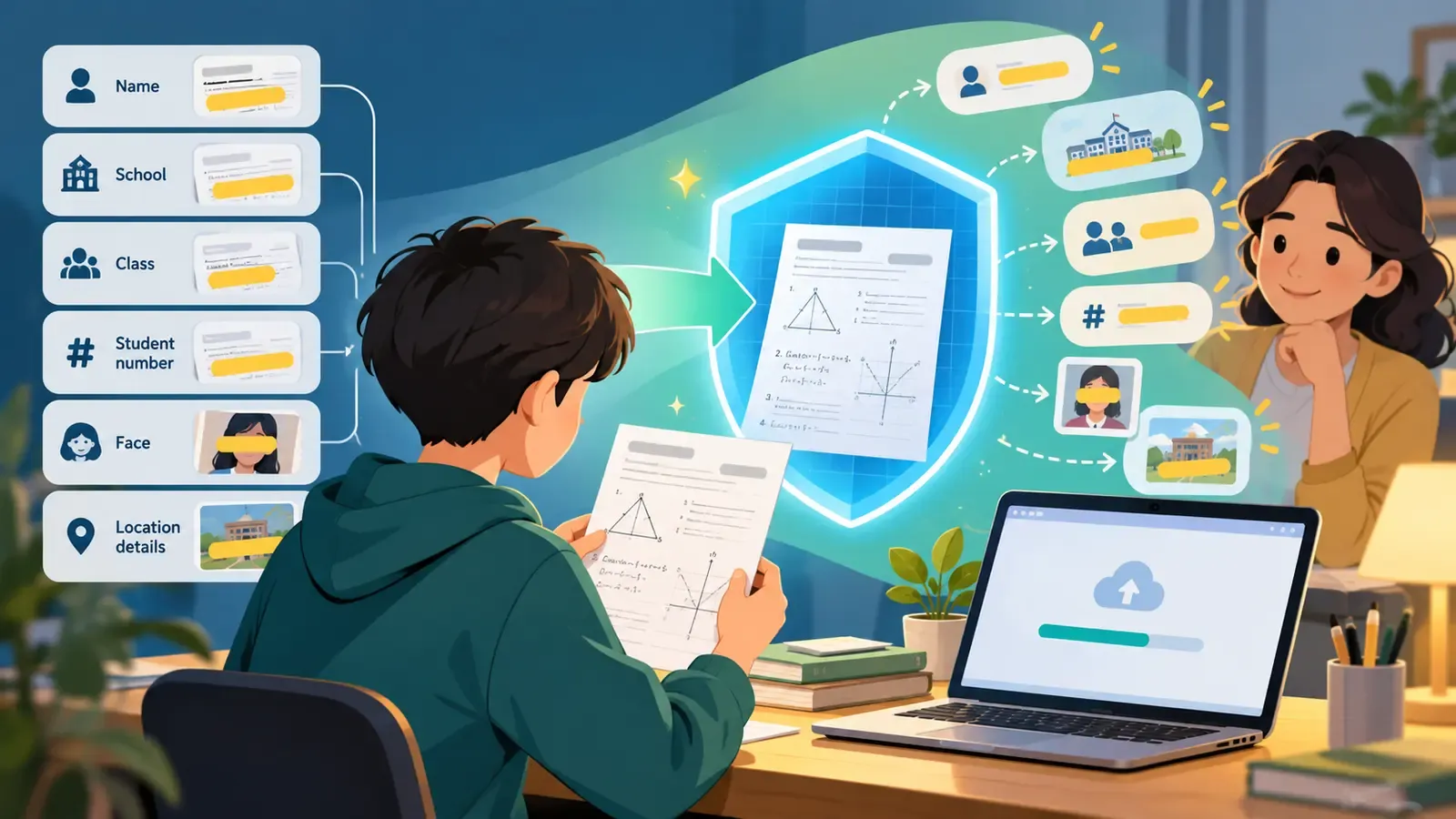 AI作业助手隐私最小化检查 上传作业照片前遮盖姓名、学校、班级、学号、人脸和位置等信息