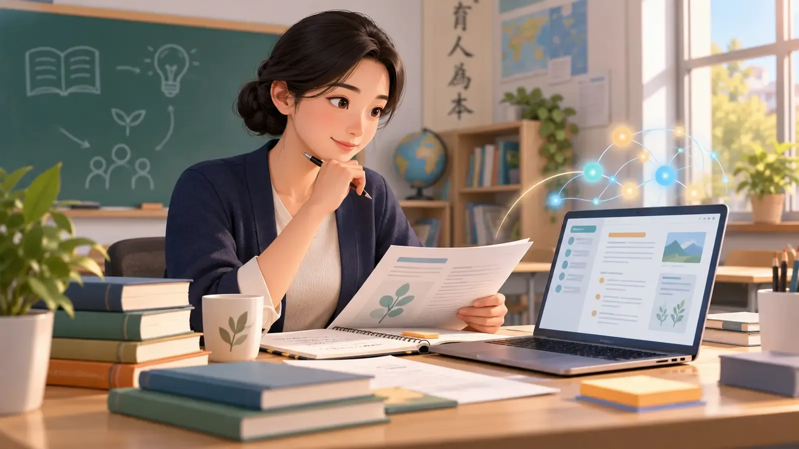 教师使用AI教案生成器后对照课程资料审核教案草稿