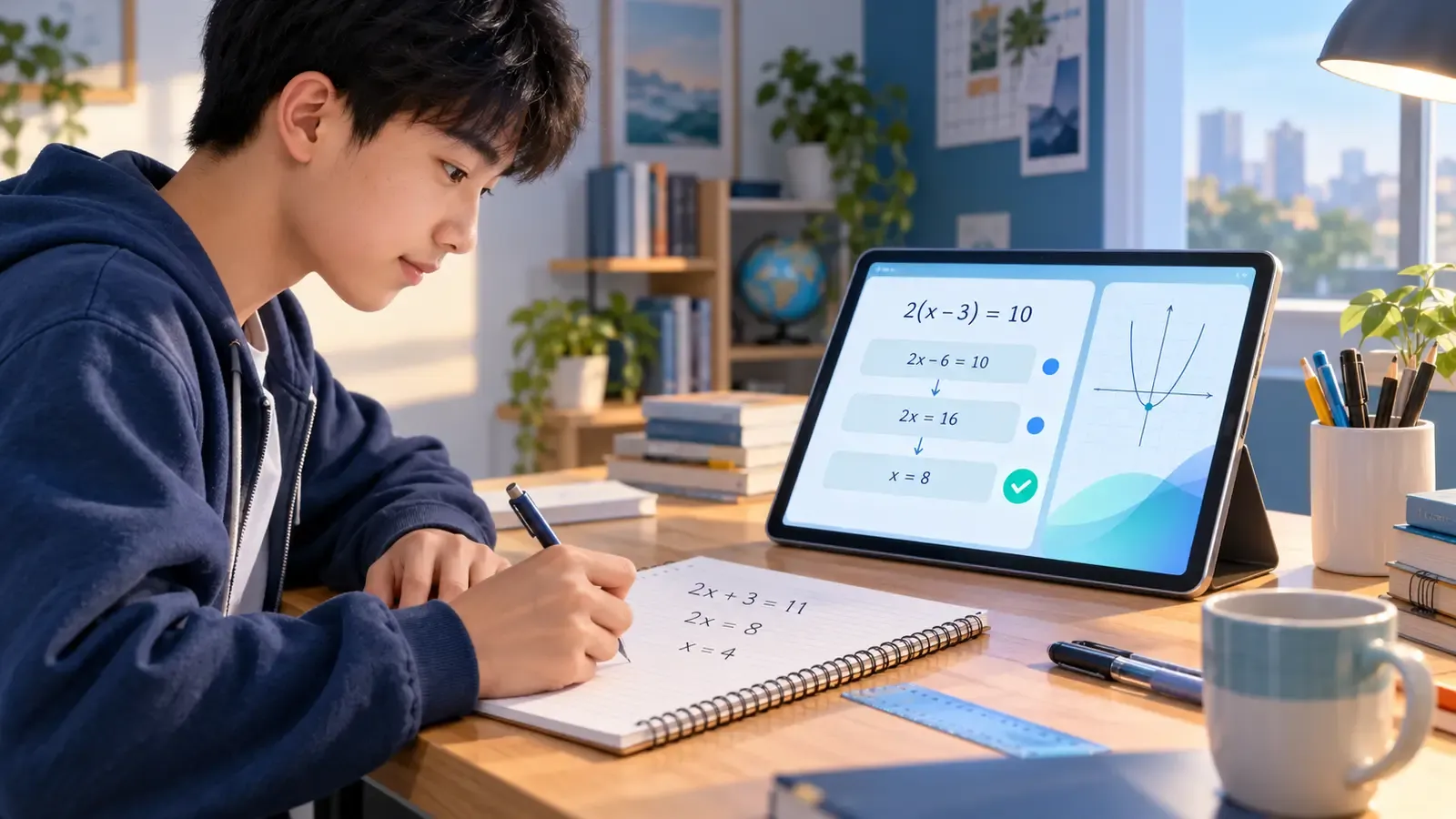 学生在纸上解题并使用AI数学解题工具核对步骤