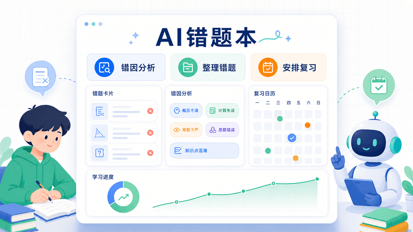SaaS简洁信息风AI错题本学习看板,展示错因分析、整理错题和安排复习