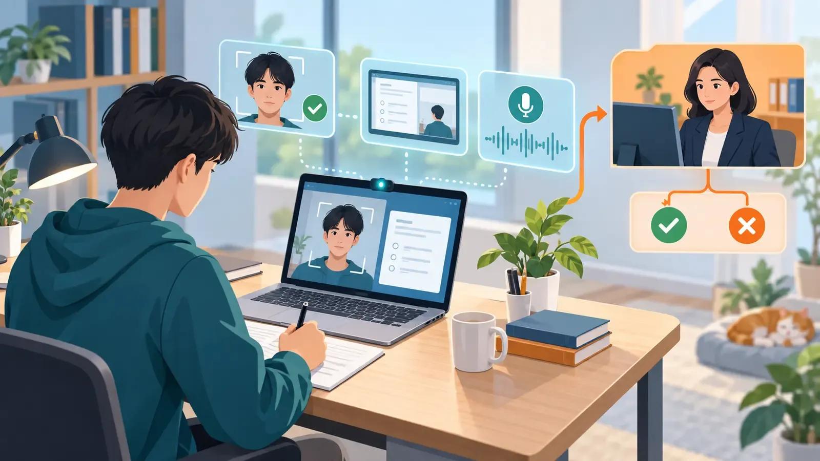 学生使用AI在线监考系统参加考试，身份、画面和音频线索由人工复核