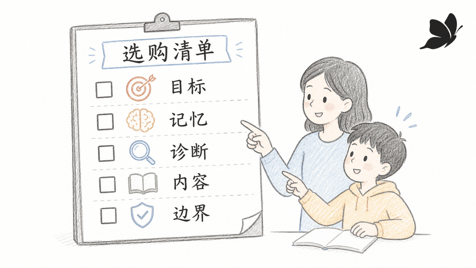 AI学习产品选购清单,包含目标、记忆、诊断、内容和边界