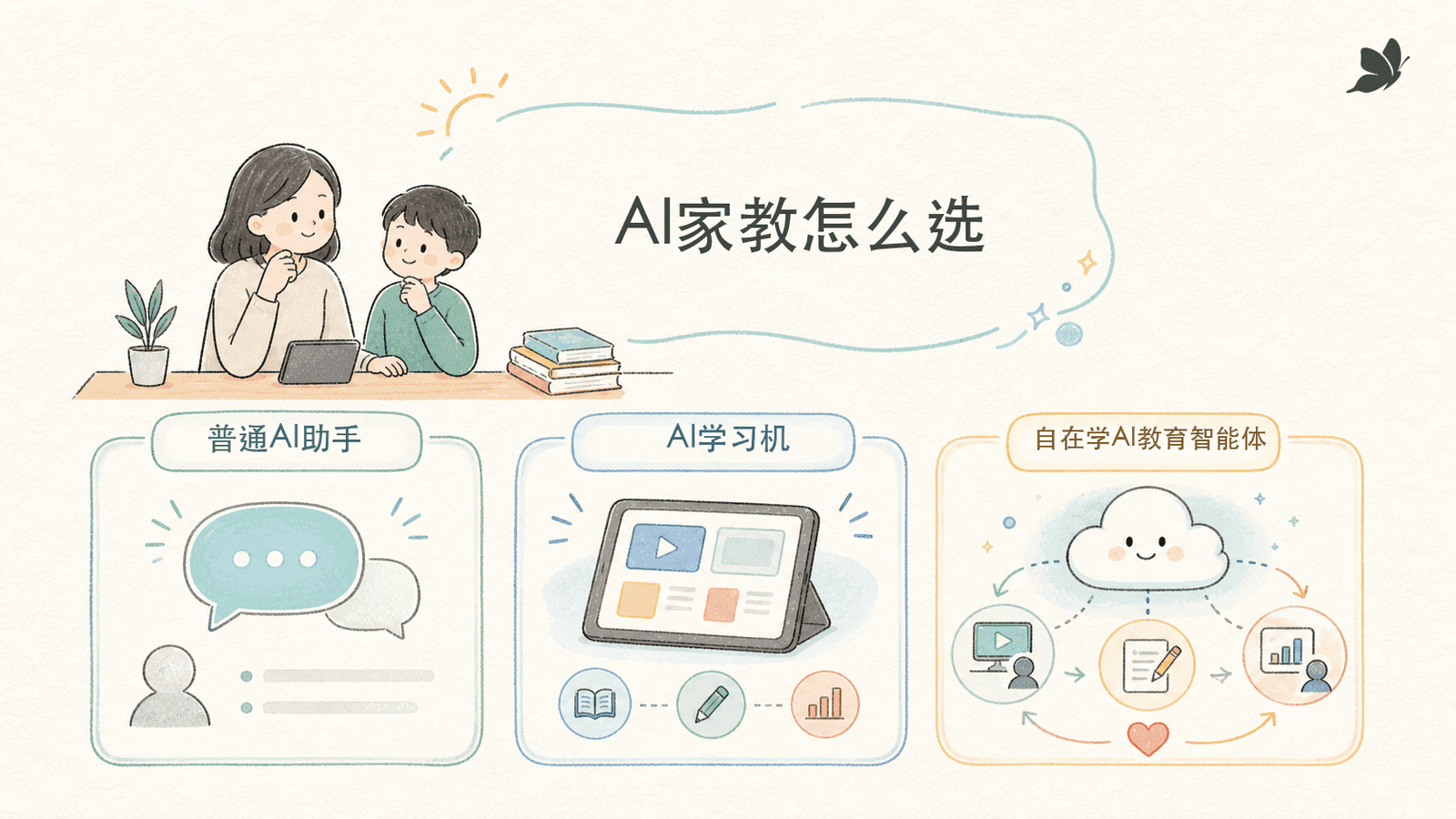 极简手绘信息图,展示普通AI助手、AI学习机和自在学AI教育智能体的选择关系