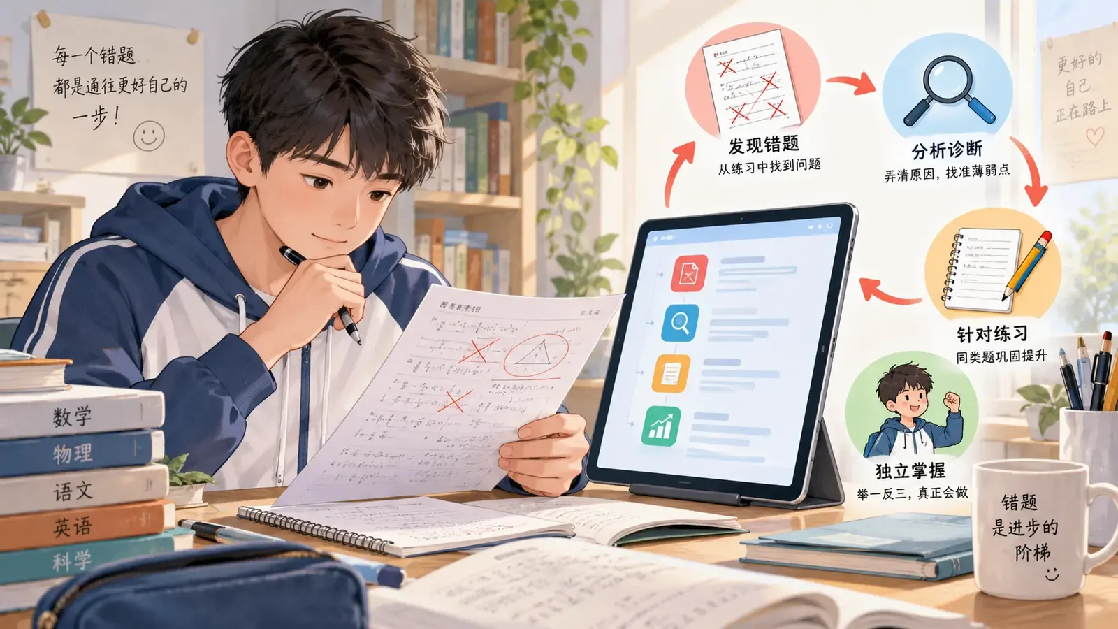 学生使用AI错题本分析错因并完成针对性练习