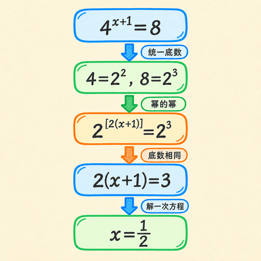 同底化解指数方程流程图:将 4 的 x+1 次幂等于 8 统一为以 2 为底,比较指数后解得 x 等于二分之一