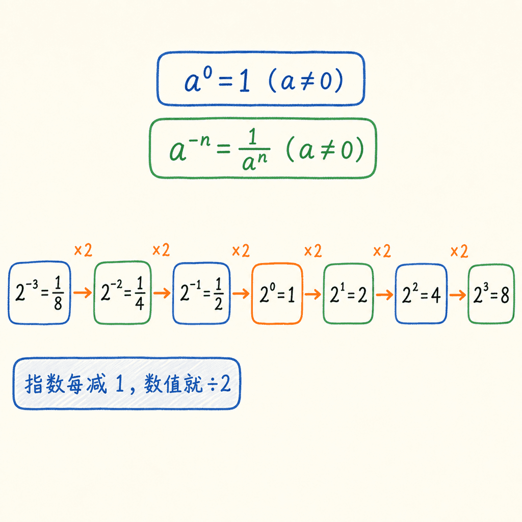 零指数与负指数连续变化示意图:从2的负三次方到三次方,每向右一步数值乘2