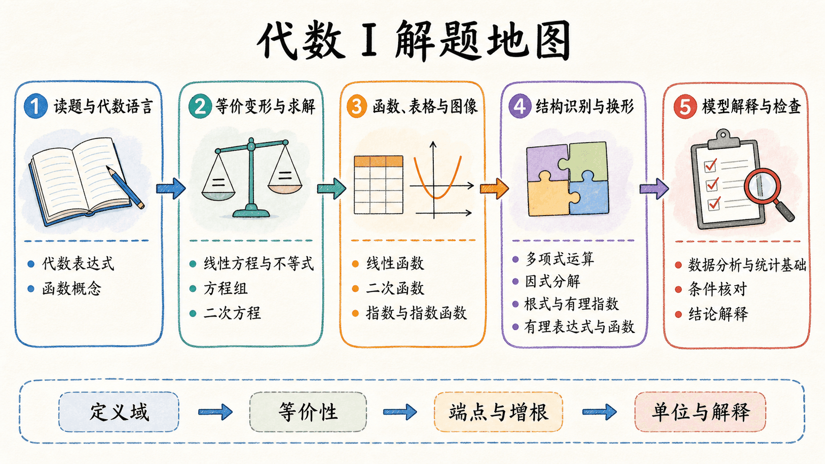 代数 I 解题地图:五站流程连接课程十三个主题,并在底部标出定义域、等价性、端点增根、单位解释的检查链