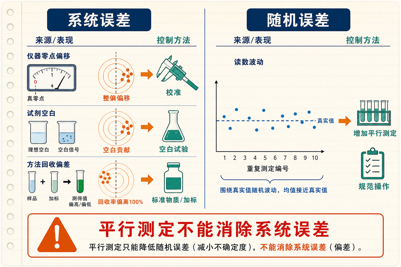 系统误差和随机误差的来源、特征与控制方式示意图