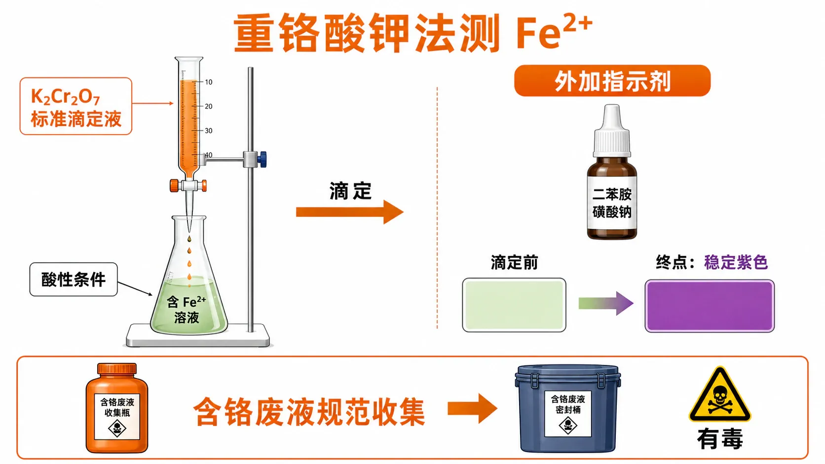 重铬酸钾法测定亚铁的酸性条件、指示剂与废液管理