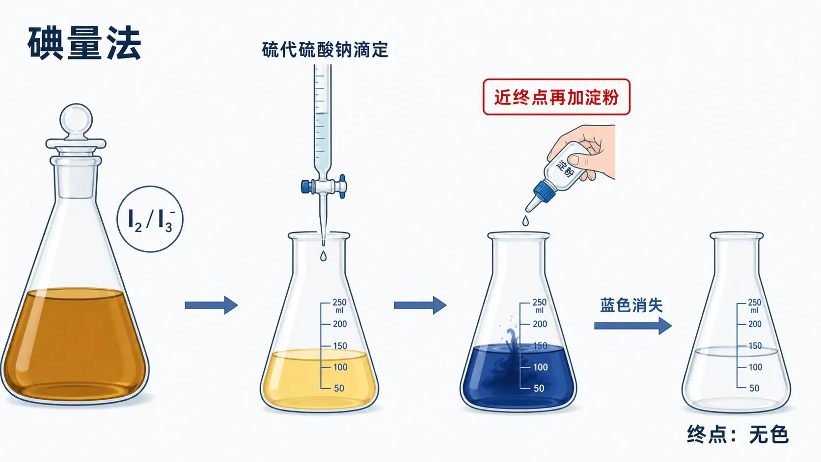 间接碘量法:近终点加入淀粉,滴至蓝色恰好消失