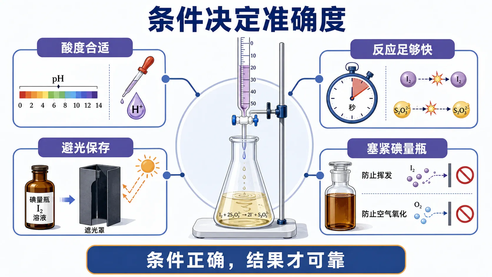 氧化还原滴定中酸度、反应速度、避光与密封等条件控制