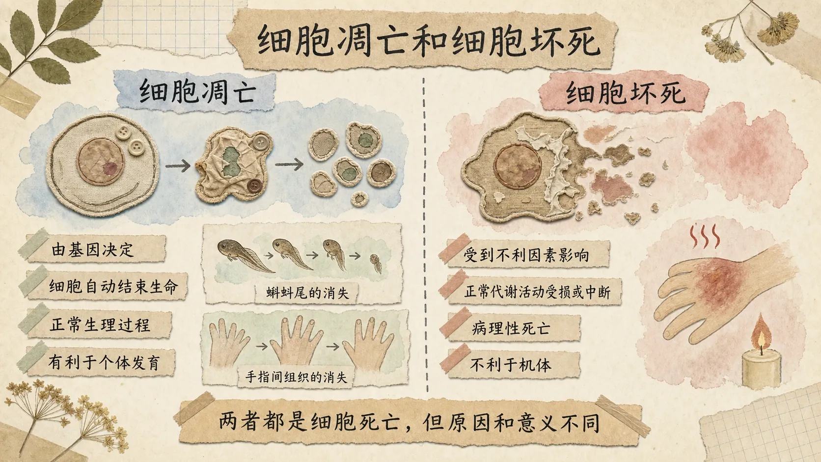 细胞凋亡与细胞坏死在成因、过程和结果上的对比示意图