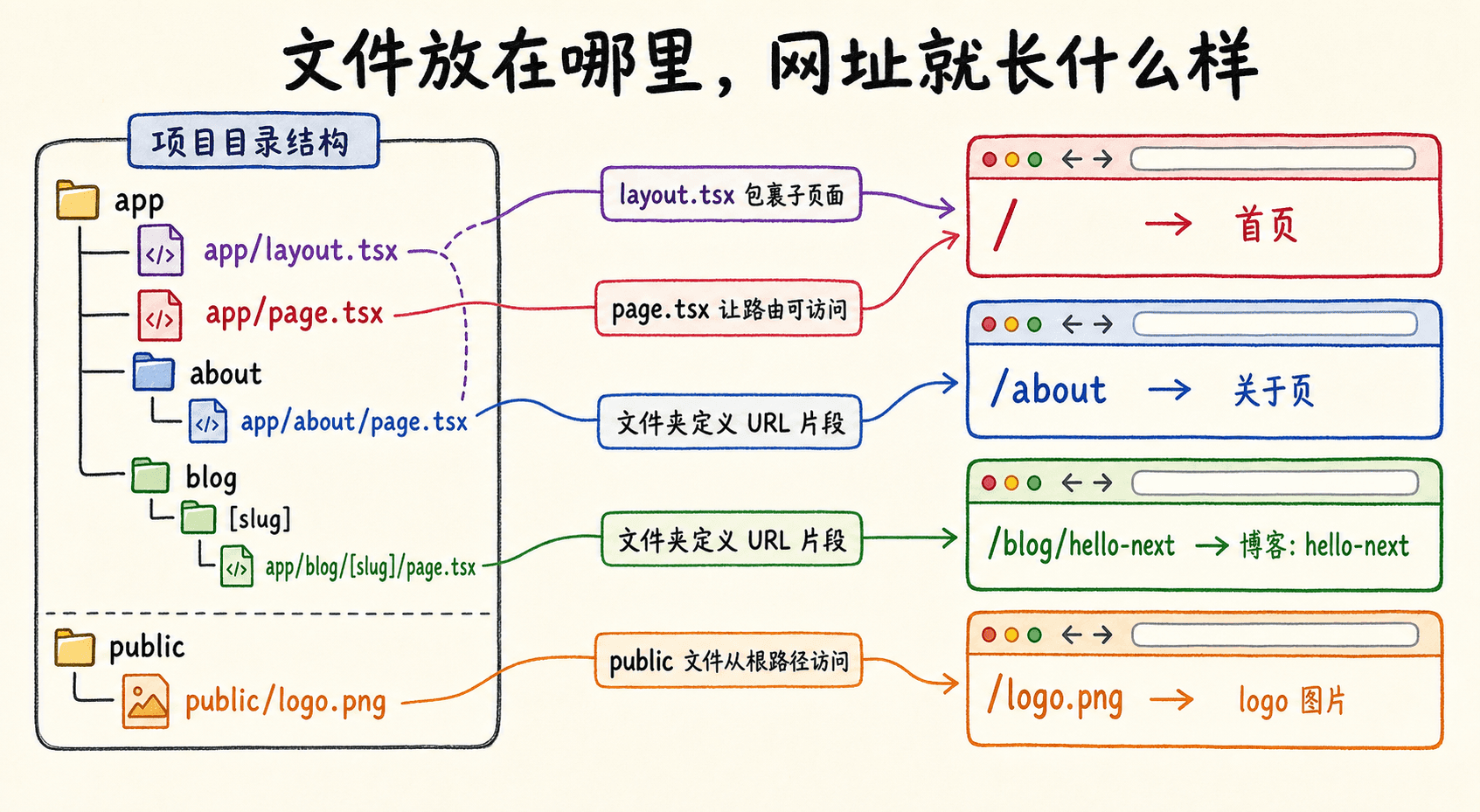 App Router 文件树与根路径、关于页、动态博客页和 public 静态资源 URL 的手绘对应图