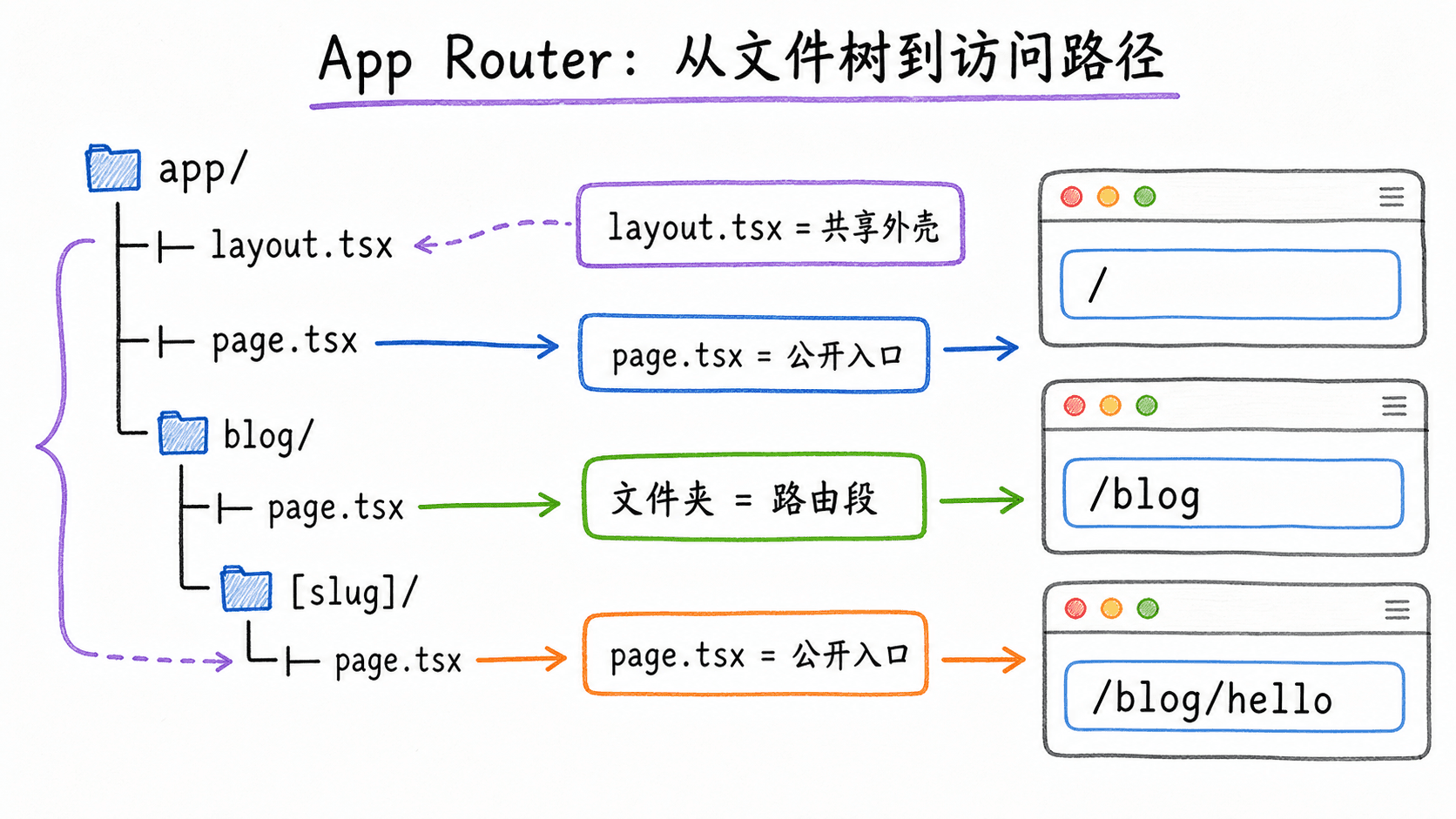 Next.js App Router 心智模型手绘图:文件树中的 layout.tsx、page.tsx、blog 与动态路由分别连接到浏览器路径 /、/blog 和 /blog/hello