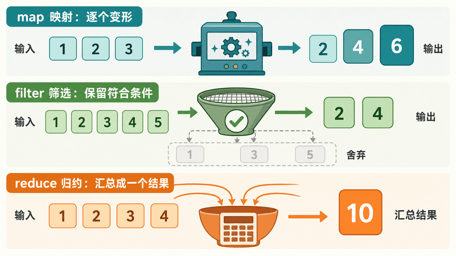 数组方法 map、filter、reduce 的职责对比图:map 逐个变形,filter 保留符合条件的值,reduce 汇总成一个结果
