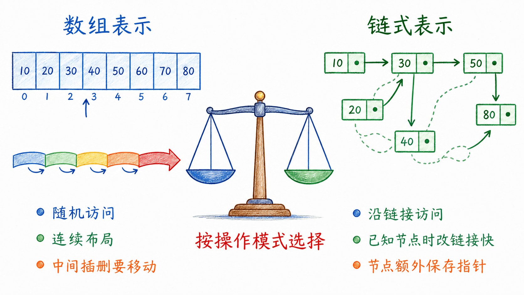 数组与链式表示在访问、移动、局部性和句柄稳定性上的权衡