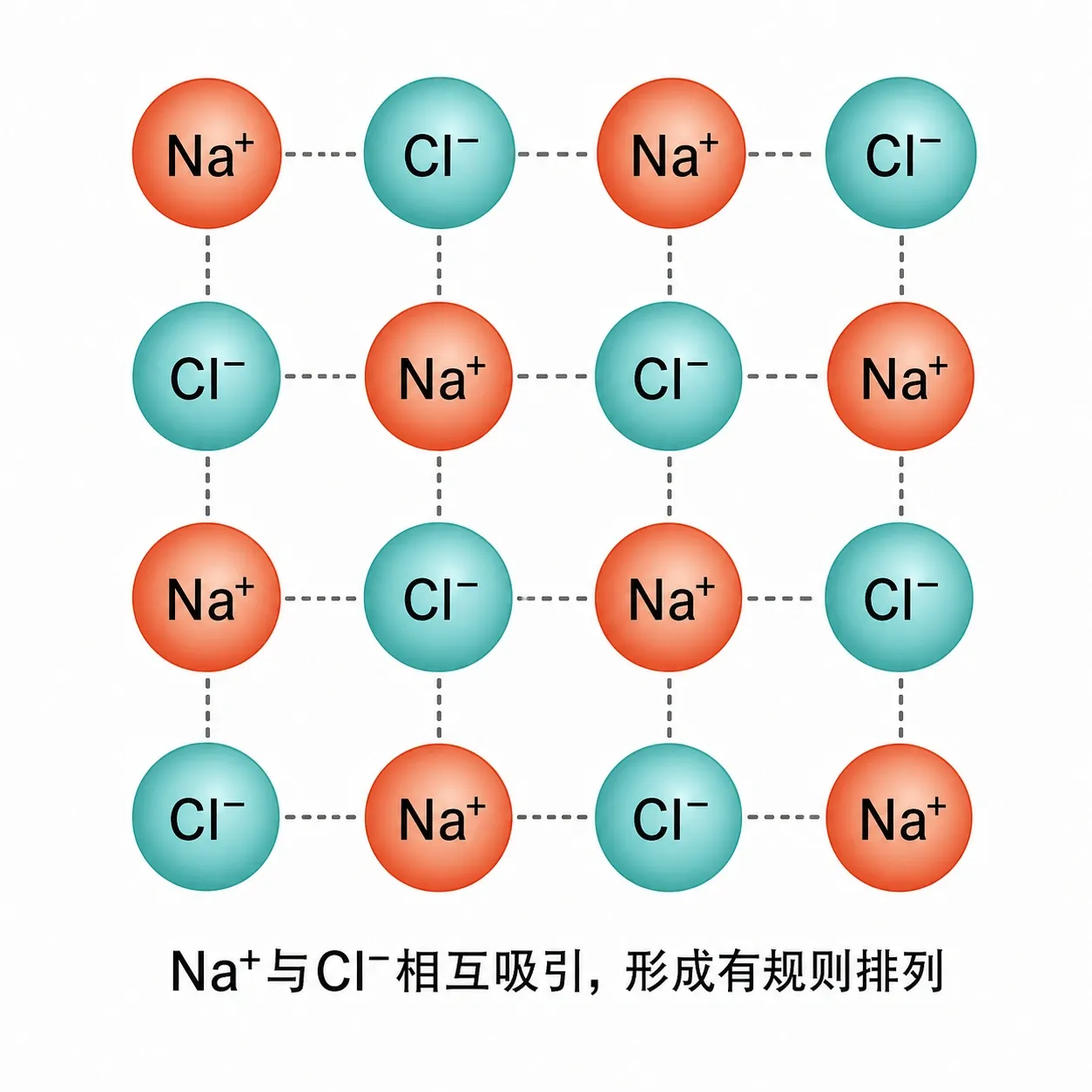 钠离子与氯离子相互吸引、排列形成氯化钠微粒的示意图