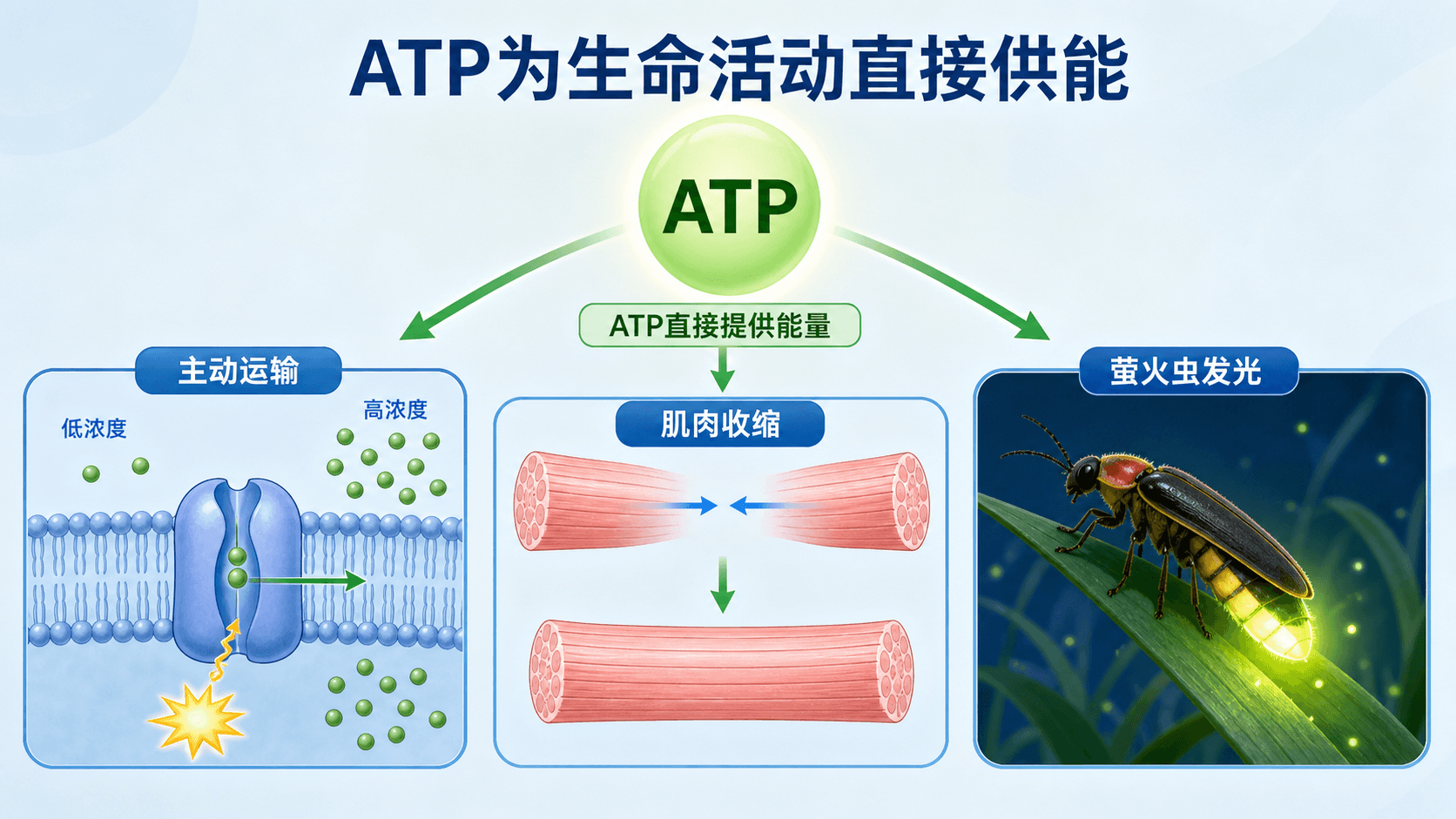 主动运输、肌肉收缩、大分子物质合成和萤火虫发光等活动由ATP直接供能