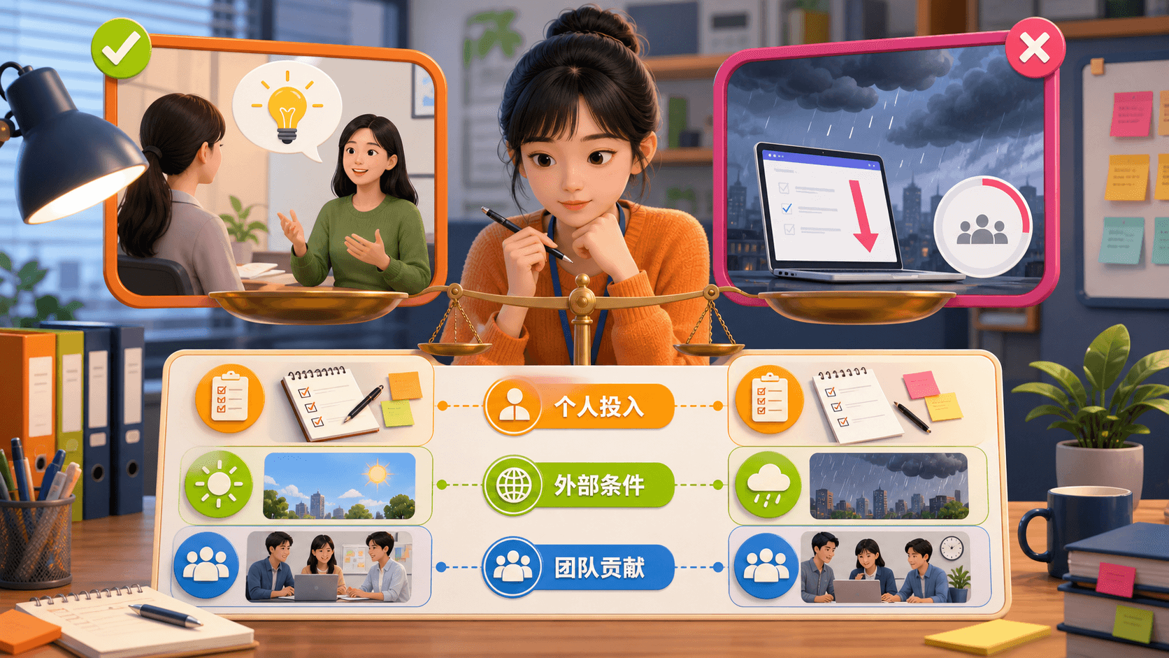同一项目成功和失败时,实习生分别做内部与外部归因的彩色对照信息图