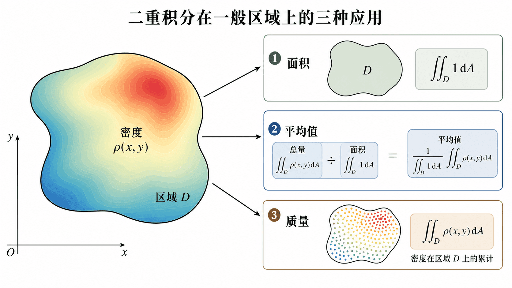 同一区域 D 上的密度热力分布，并用面积、平均值和质量三个框连接二重积分应用。