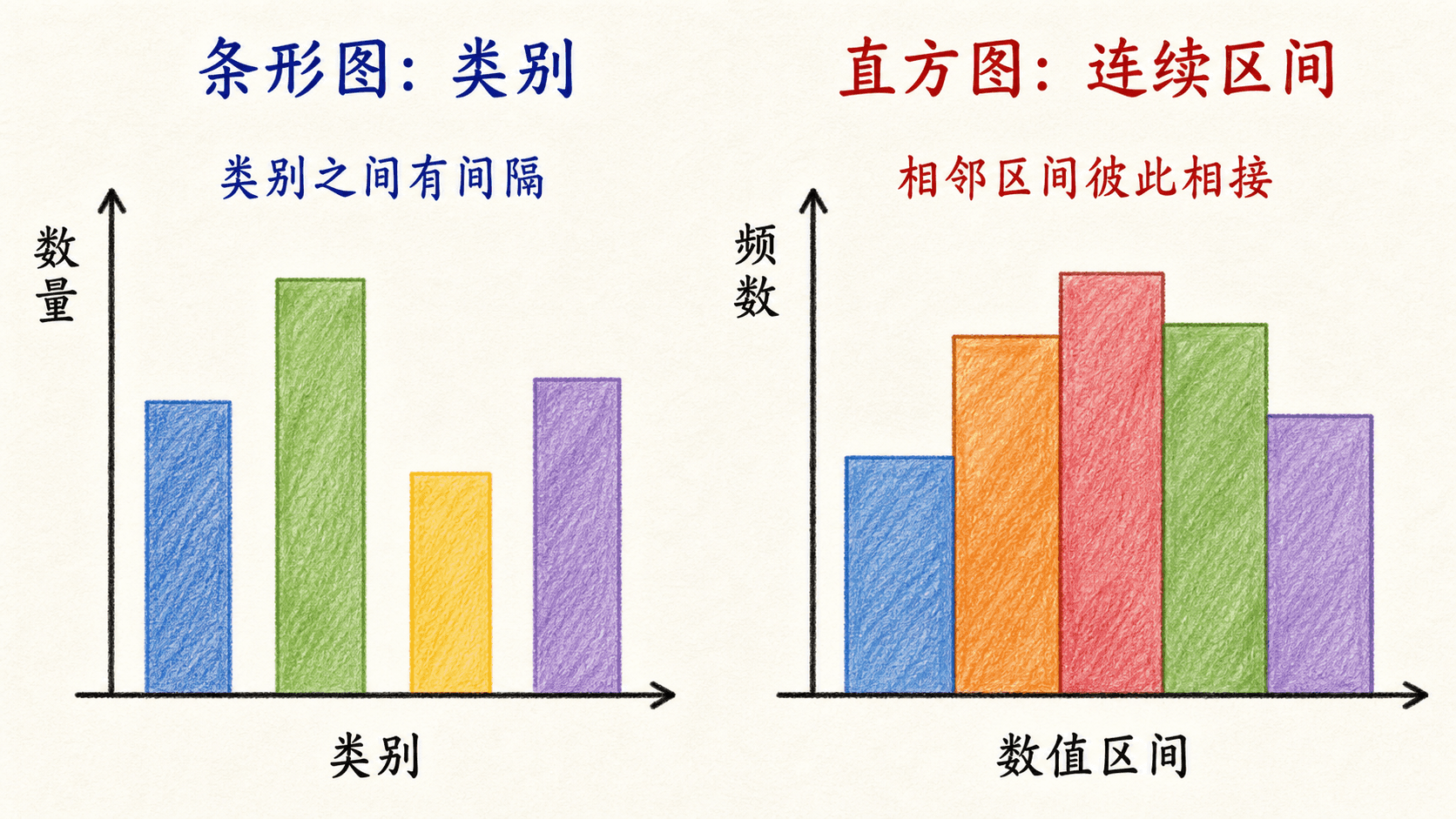 条形图比较类别,柱子之间留有空隙;直方图比较连续数值区间,柱子彼此相接。
